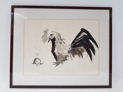 painting of a rooster in a frame on a white wall
