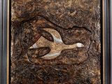 an abstract painting of a bird in a frame on a white background