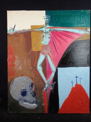 painting of a skeleton and a woman with a parasol on a black background