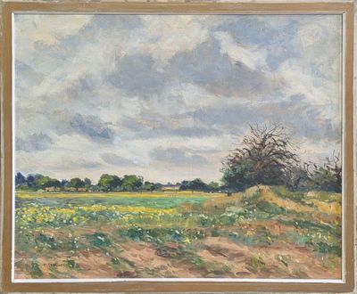 une peinture à l'huile d'un champ avec des arbres au loin