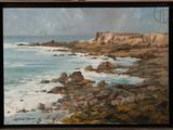 a painting of a rocky shore with a boat in the distance