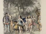 a drawing of a group of people in a wooded area