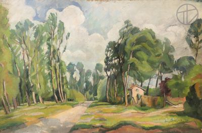 tableau représentant une route de campagne avec une calèche garée sur le bord de la route