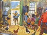 a painting of a group of children playing with chickens