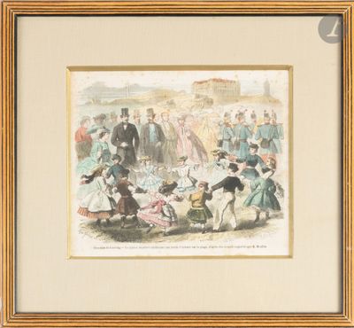 tableau représentant un groupe de personnes rassemblées autour d'un landau