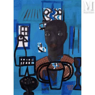 a painting of a man sitting at a table with a cup of coffee