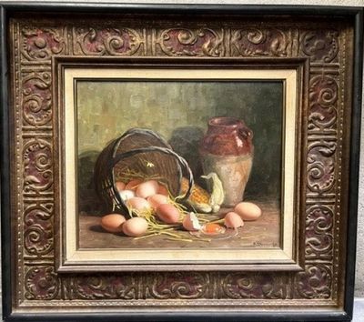 a picture of a painting of eggs on a table