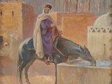 painting of a man on a horse drinking water from a well