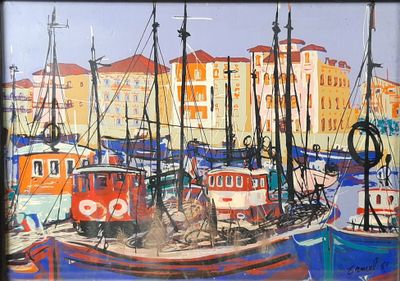 a painting of boats in a harbor with buildings in the background