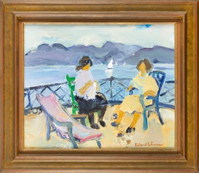 une peinture à l'huile représentant deux femmes assises sur un banc au bord de l'eau