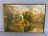 a painting of a lake with a gazebo in the background