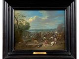an oil painting of a group of men on horseback in a landscape