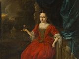 a painting of a woman in a red dress sitting on a chair