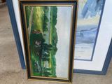 a painting of a painting of a green field with a house in the distance