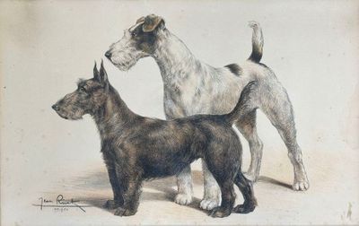tableau représentant deux chiens debout l'un à côté de l'autre sur une surface blanche