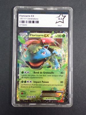 a close up of a card in a plastic holder on a table