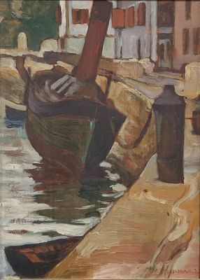 a painting of a boat in the water near a building
