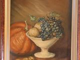 painting of a still life of grapes and pumpkins in a white bowl