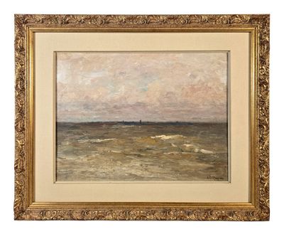 un tableau représentant un voilier au loin sur l'océan