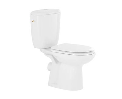 les toilettes sont blanches et n'ont pas de couvercle