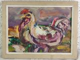 a painting of a rooster in a frame on the wall