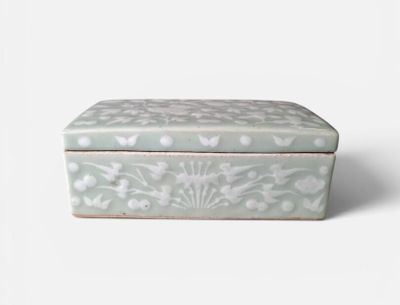 a white and blue box sitting on top of a white table