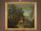 tableau sur chevalet représentant un homme et un chien dans un paysage boisé