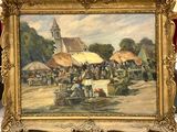 une photo d'un tableau représentant une scène de marché, dans un cadre