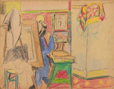 dessin représentant un homme assis à une table devant un chevalet de peintre