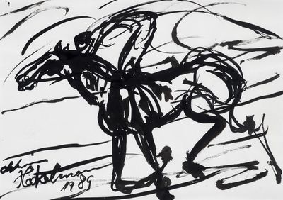 black and white drawing of a horse with a rider on it