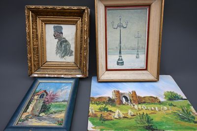trois tableaux encadrés représentant un homme et une femme dans un paysage