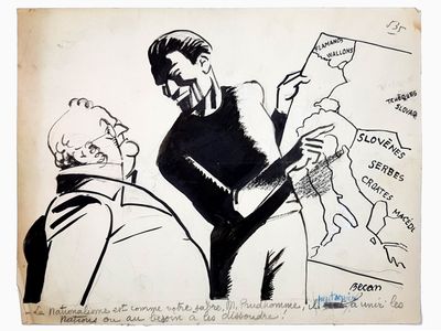 cartoon drawing of a man holding a knife and pointing to a map