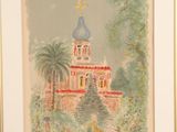framed watercolor painting of a church in a garden with palm trees