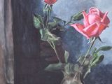 a painting of two roses in a vase on a table
