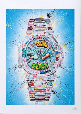 un tableau représentant une montre dont le cadran est recouvert de graffitis