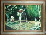 painting of a man and a woman playing with balls in a park