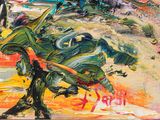 a painting of a horse that is in a field