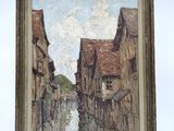 an oil painting of a street scene with buildings on either side of a river