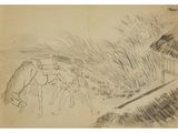 an image of a drawing of a man on a horse pulling a cart