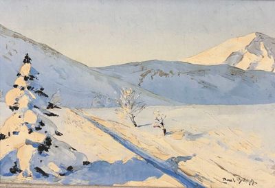 un tableau représentant une montagne enneigée avec des arbres au premier plan