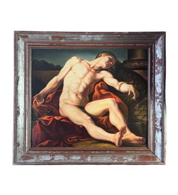 an image of a painting of a naked man sitting on a bed