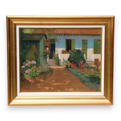 tableau représentant une maison avec un jardin et des fleurs devant