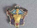 a close up of a badge on a white surface