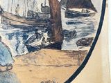 a picture of a painting of a woman sitting on the beach