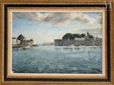 an oil painting of a harbor scene with sailboats in the water