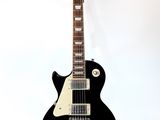 an image of a black electric guitar on a stand against a white background