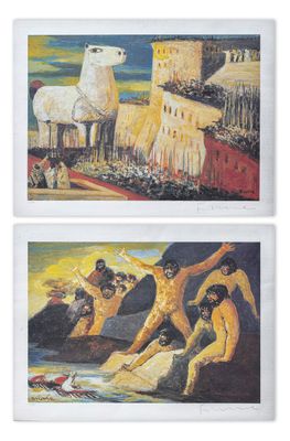 deux tableaux représentant un homme et une femme devant un immeuble
