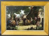 une peinture à l'huile représentant une scène de village avec des personnages, des poulets et des poulets