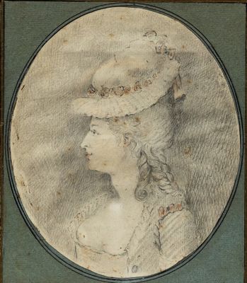 portrait of a woman in a hat and dress with a feather on her head
