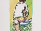 drawing of a man sitting on a bench with a plate of food